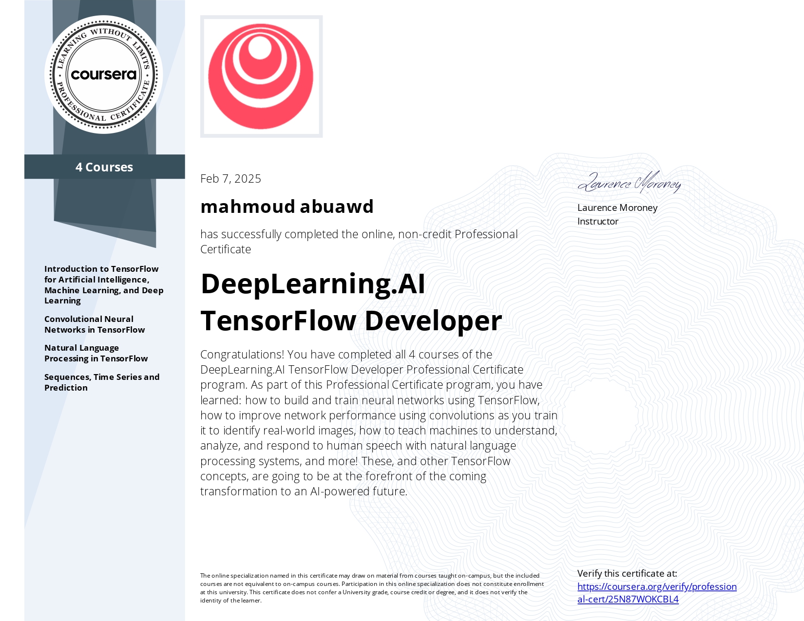 Deep Learning Specialization certificate